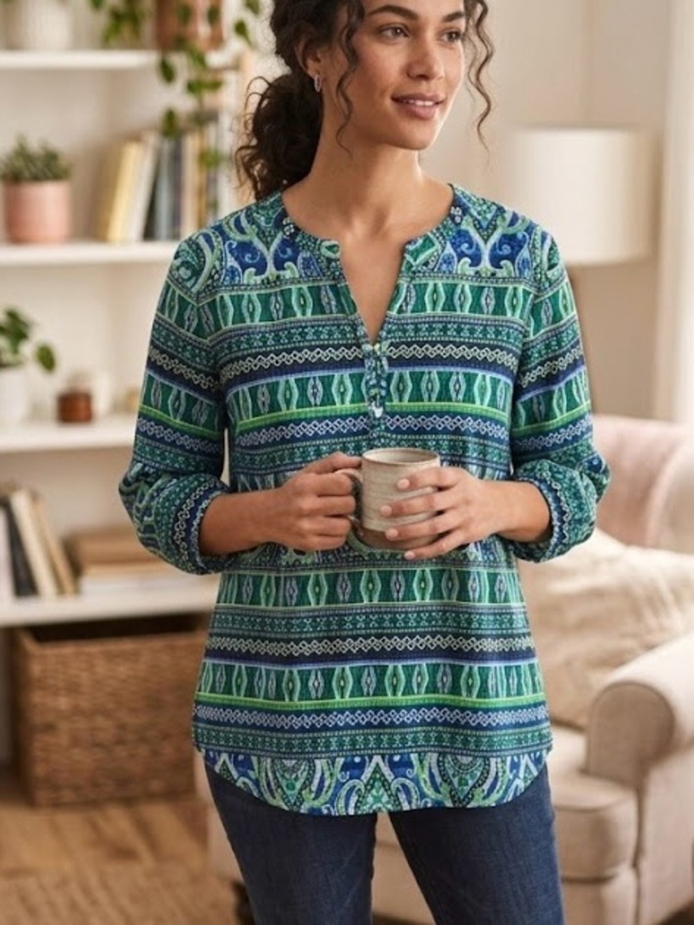 Liz Claiborne Petite Geo-Print Boho Tunic Gold Accent Buttons Paisley Breezy